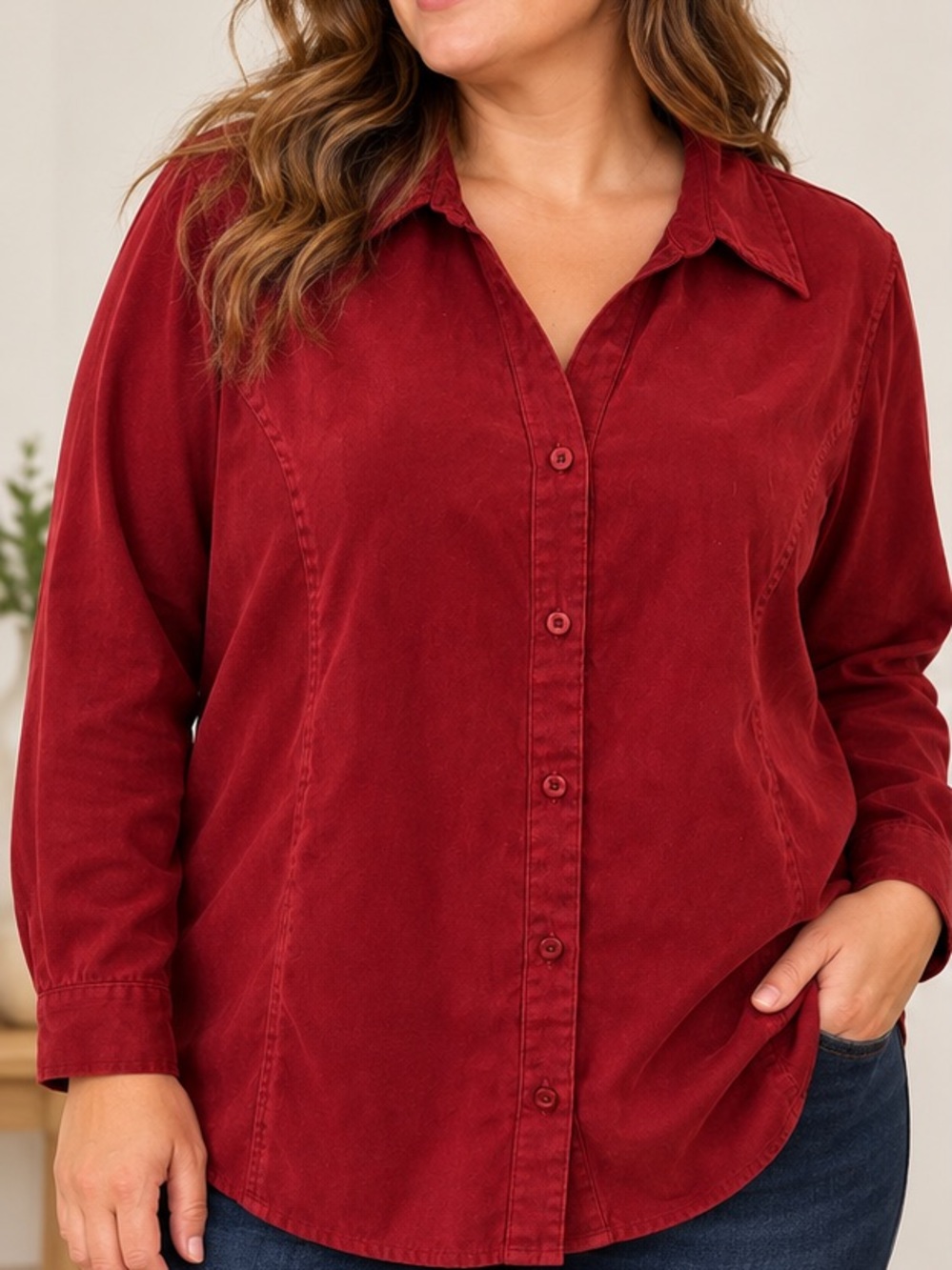 White Stag Maroon Crush Suede Feel Button Down Shirt 1X 16W